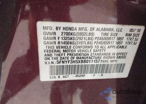 2011 Honda Pilot Ex-L from USA, damaged, VIN 5FNYF3H5XBB011157